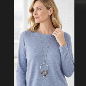 J. Jill Beaded Necklace Blue Silver Fringe Pendant Long Boho Artisan Statement